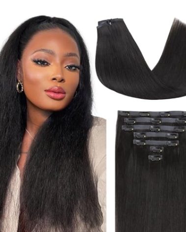 Lashey Yaki Straight Clip Ins 16 Inch 110g 7Pcs Seamless Hair Extensions Real Human hair, Natural Black Clip in Hair Extension for Women Real hair