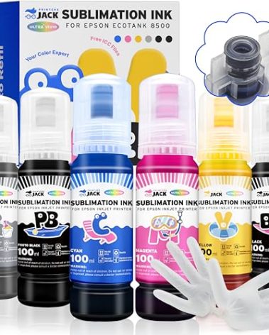 Printers Jack 600ML Sublimation Ink for ET-8550 ET-8500 Wide-Format Supertank Printers Heat Press Transfer on T-Shirt (6x100ML, 6 Colors-BK PB CM Y GY) Bigger Bottles with More Ink Auto Fill the Tanks