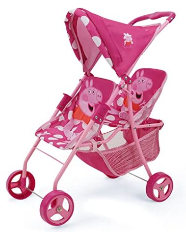 Peppa Pig: Doll Twin Stroller - Pink & White Dots - Fits Dolls Up To 24", Retractable Canopy, Easy to Fold for Storage & Travel, For Dolls Plushes &-Stuffed Animals, Pretend Play For Kids Ages 3+