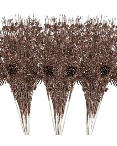 24 Pack Christmas Tree Ornaments - Artificial Flowers Glitter Berry Stems Christmas Floral Picks Branches for Xmas Tree Decorations Vase Filler Holiday Wedding Party Home Decor (Brown)