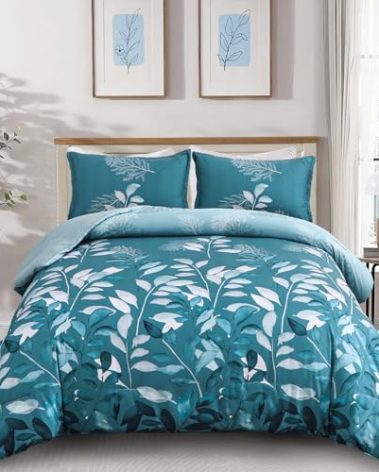 DJY Teal Botanical Comforter Set Queen, 3 Pieces Blue Leaves Comforter for Queen Size Bed Reversible Floral Bed Comforter Set Soft Microfiber Bedding Set for All Season