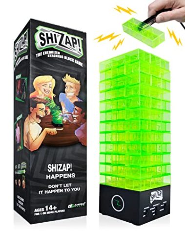Amped Gamez ShiZap! - Electric Shock Stacking Block Game, Plastic Tumble Tower Blocks, Shocking Tweezers, LED Base That Plays Suspenseful Music, Family Fun Party Games for Teenage Boys, Girls, Adults