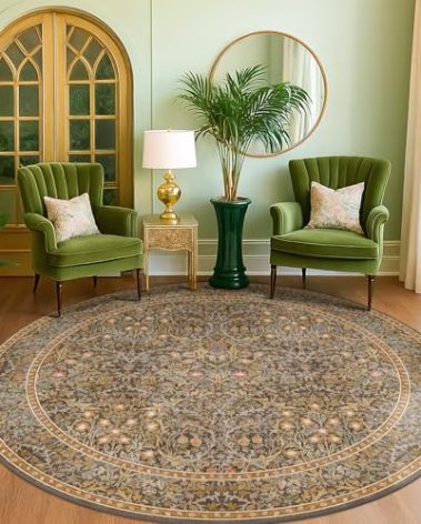 Hazo Haus Boho 8ft Brown Circle Rug for Living Room, Vintage Botanical Floral Area Rug for Dining Room, Bedroom Under Bed, Non Slip with Rubber Backing, Southwestern Home Décor