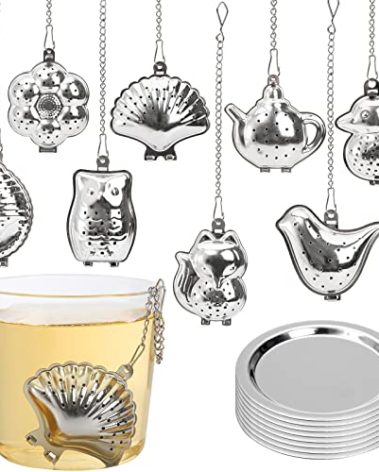 Elsjoy Set of 8 Loose Leaf Tea Infusers with Chain and 8 Drip Trays, 18/8 Stainless Steel Tea Balls Cute Tea Steepers, Mini Tea Strainer Tea Filter Set for Mugs, Tea Cups, Teapots, 16 Pcs