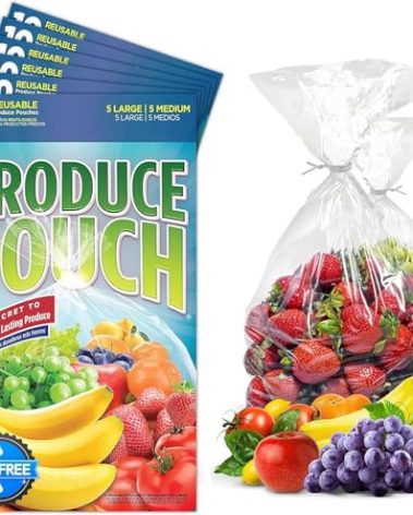 Produce Pouch 60-Pack (30M, 30L) – Reusable Produce Bags For Refrigerator with Twist-Ties, Keeps Fruits, Vegetables & Herbs Fresh Longer, Reusable Vegetable Bags, Extend Shelf Life