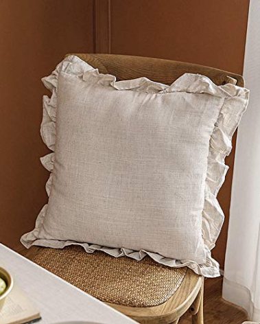 King Linens 100% French Linen Throw Pillow Covers - Set of 2 - Washed Flax Decorative Ruffled Square Cushion Cover Solid Color Soft Breathable - Linen, 18'' x 18''