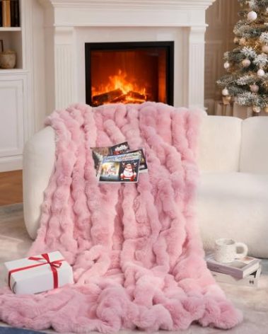 Faux Fur Throw Blanket, Bunny Blanket with Bubble Texture, Reversible Fluffy Blankets for Couch and Bed, Soft Cozy Faux Rabbit Fur Blanket for Home Décor, Cozy & Machine Washable
