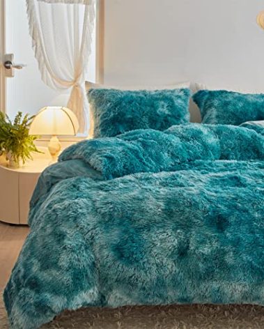 Wajade Faux Fur Plush Tie Dye Teal Comforter Set Fluffy Fuzzy Shaggy Bedding Set - 3PC Full/Queen Microfiber Soft Warm Quilt Set