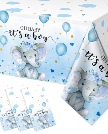 3 Pack Elephant Baby Shower Tablecloth Decorations, Elephant Baby Shower Decorations, Plastic Tablecloth Table Cover Backdrop for Baby Boy Girl Gender Reveal Party Supplies, 54 x 108 Inch, Blue