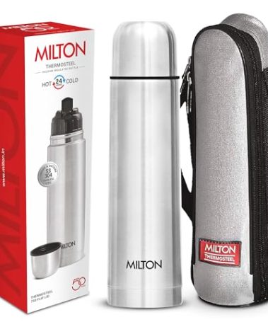 Milton Thermosteel Flip Lid 750, Double Walled Vacuum Insulated Thermos 750 ml | 25 oz | 24 Hours Hot and Cold Water Bottle with Cover, Stainless Steel, BPA Free, Leak Proof | Silver