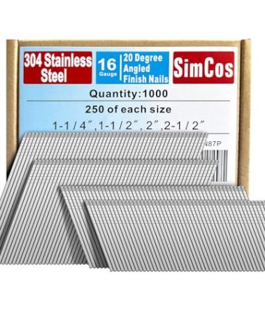 SimCos 16 Gauge Angled Finish Nails 304 Stainless Steel,(1-1/4", 1-1/2", 2", 2-1/2"), 20-Degree,Assorted Size Project Pack for Pneumatic, Electric Finish Nailer or Nail Gun (Assembly 1000)