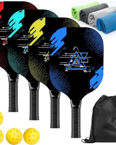 AOPOUL Pickleball Set with 4 Premium Wood Paddles, Cushion Comfort Grip, 4 Cooling Towels, 4 Pickleball Balls & Carry Bag, Pickle Ball Paddle for Men Women