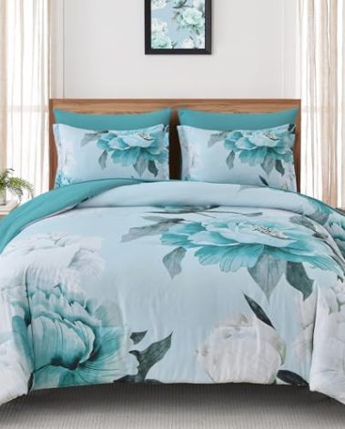 Dobuyly Floral Comforter Set King Size 7 Piece Bed in a Bag, Aqua Flowers on Light Blue Comforter Set with Sheets, Soft Microfiber Botanical Complete Bedding Set for All Season
