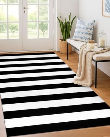 KOZYFLY Black and White Striped Area Rug 4x6 Ft Outdoor Rug Washable Indoor Outdoor Rug Hand Woven Cotton Door Mat Outdoor Entrance Mat for Front Door Kitchen Entryway Patio Front Porch Decor