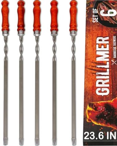 Premium BBQ Skewers with Wooden Handles 23.6" Shish Kabob Skewers Stainless Steel Long & Reusable Kabob Sticks Barbecue Skewers for Grilling Set of 6 Piece (6, 23.6 Inches)