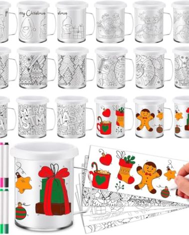 Umigy 16 Set Christmas Color Your Own Mugs for Kids 10 oz Party DIY Coffee Mug Craft for Kids with 12 Color Markers, Animated Design Paper and Blank Paper for Xmas Holiday Party Supply