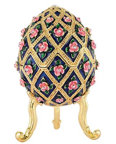 Furuida Easter Egg Style Diamond Flower Enamel Jewelry Trinket Box Hinged Ornaments Gift for Home Decor (Blue)