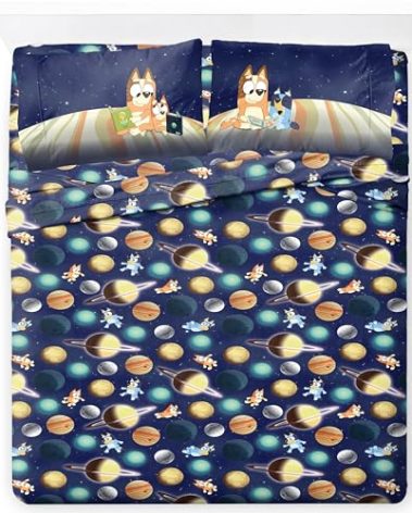 Jay Franco Kids Sheet Set with Fitted, Flat Sheets & Pillow Cover - Ultra-Soft Bedding with Pillowcase for Room Decor, Blue - Bluey & Bingo, 4 Piece Queen
