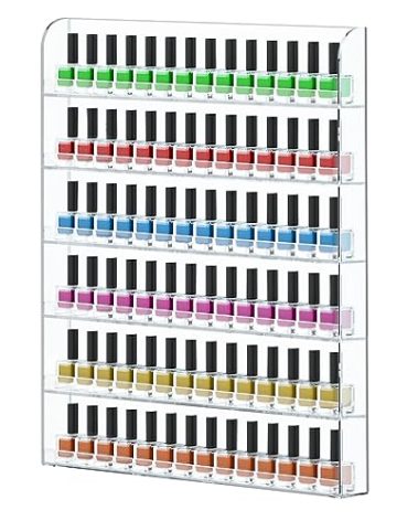 FEMELI 20 * 24 Inch Nail Polish Wall Racks 1 Pack, Hold Up to 120 Bottles,Clear Acrylic Nail Polish Shelf Organizer Wall Mounted 6 Rows (1)