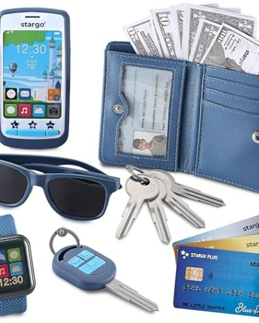 Play Wallet for Boys with Money and Pretend Play Toys, Cellphone, Smartwatch, Keys, Sunglasses, Toddler Wallet for Kids Ages 3 4 5 6 7 8 9 10 11 12 - Grown Up Pretend Play Set for Kids