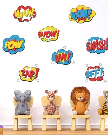 Superhero Wall Stickers Peel and Stick Hero Sign Wall Decals 8 Pcs Vinyl Removable Super Hero Action Sign Wall Stickers Comic Art Decor for Bedroom Nursery Playroom Kids Room Decorations