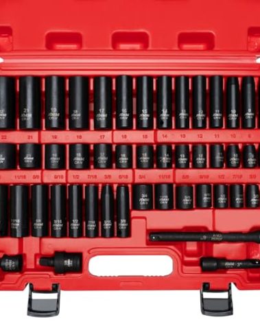 AMM 3/8" Drive Impact Socket Set, 48-Piece Standard SAE (5/16 to 3/4 inch) and Metric (8-22mm) Size, 3" and 6" Drive Extension Bar, Impact Universal Joint, 3/8" to 1/2" Impact Adaptor, CR-V