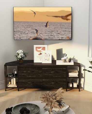 EXOTICA Corner TV Stand for 55 inch TV with Drawer and Charge Station Black Corner Entertainment Center for Living Room Modern Corner Console Table with 4 Open Storage Shelves Metal Frame