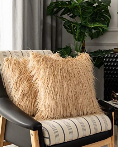 Kevin Textile Pack of 2 Decorative Brown Fluffy Pillow Covers New Luxury Series Merino Style Faux Fur Throw Pillow Covers Square Fuzzy Cushion Case 18x18 Inch