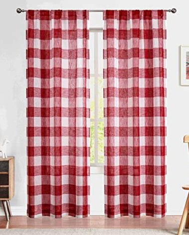 Amzdecor Red Buffalo Plaid Curtains 84 Inch Long Linen Textured Sheer Panels Buffalo Check Plaid Rod Pocket Rustic Window Treatment Sets for Living Room Bedroom Farmhouse,2 Panels,40'x84'',Red/White