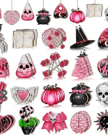Maitys 40 Pcs Pink Horror Christmas Ornaments for Tree Spooky Creepy Christmas Tree Decorations Vintage Gothic Horror Skull Skeleton Ghost Witch Wooden Sign for Home Craft Party Gift
