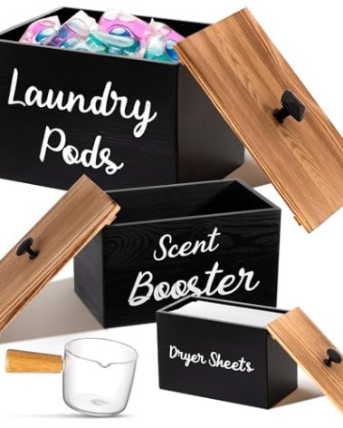 Dandat 3 Pcs Dryer Sheet Holder Laundry Pod Holder Scent Booster Container Set with Scoop Rustic Wood Dryer Sheet Container Laundry Beads Dispenser for Storage(Black)