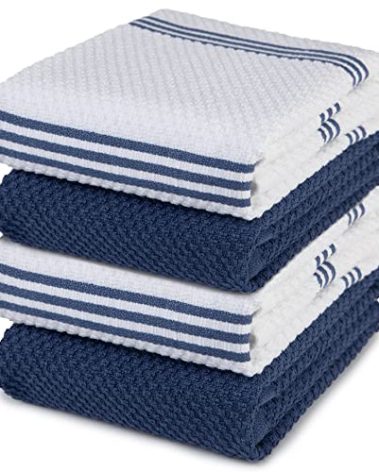 Sticky Toffee Cotton Kitchen Towels Set of 4 – 28x16 in Dark Blue and White Dish Towels, Reusable and Absorbent Tea Towels for Cleaning or Drying, Oeko-Tex Cotton