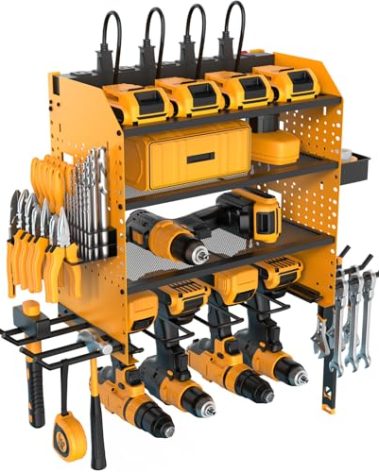 Heavy Duty Power Tool Organizer Wall Mount with Charging Station, 4 Layer Garage Storage Adjustable Shelves Height, Holds 4 Drills, 2 Hooks, Screw & Screwdriver box, Gifts for Fathers Day, Anniversary