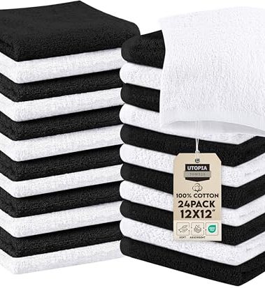 Utopia Towels 24 Pack Cotton Washcloths Set, 100% Ring Spun Cotton, Premium Quality Flannel Face Cloths, Highly Absorbent and Soft Feel Fingertip Towels, Black, White