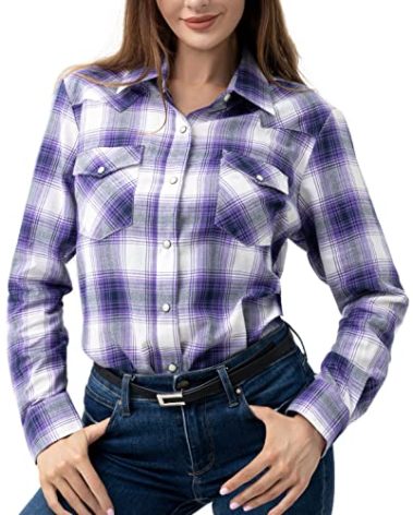 PASHARTUK Western Shirts for Women Cotton Long Sleeve Shirts for Women with Snap Buttons Plaid Shirts for Women (Purple Black 71,XXL)
