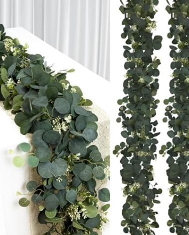 YIJXPOIN Eucalyptus Garland with Lights, 2Pcs 6FT Green Flower Garland Decor, Artificial Faux Eucalyptus Leaves Greenery Vines for Table Runner Wedding Bedroom Mantle Arches Backdrops Decorations