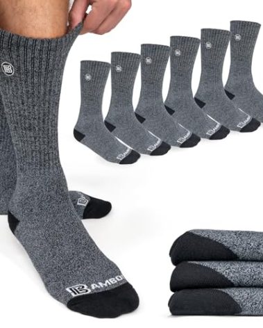 BAMBOO SPORTS Premium Bamboo Rayon Crew Work Socks- Moisture Wicking, Odor Eliminating Heather Gray Crew Socks for Men Size 9-12 - 3 Pair