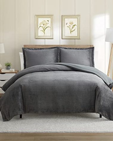 Nestl Premium Flannel Duvet Cover Set - 3 PC Reversible Queen Comforter Cover Set with Microfiber Back - 1 Velvet Duvet Cover Queen with Zipper Closure & 2 Pillow Shams 90 x 90 inches - Charcoal Gray
