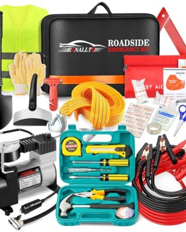 Car Emergency Roadside Kit,Vehicles Truck Road Side Safety Tool Kit with Air Compressor,Women Men Auto Winter Essentials Assistance Survival Kit with Jumper Cables First Aid Kit Blanket Shovel