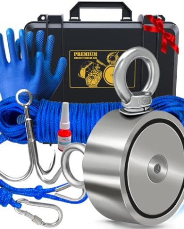 Logui Projects 1200 LB Magnet Fishing Kit with Case - 2 Fishing Magnets in 1 (Double Sided Magnet) - with Grappling Hook, Heavy Duty 65FT Rope, Gloves, Carabiner and Foldable Bucket.