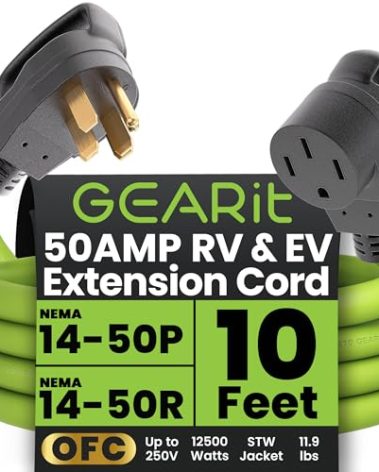 GEARit 50-Amp Extension Cord for RV and EV, 250-Volt, 4-Prong, Compatible with Tesla Model 3 Model Y Model X Model S, NEMA 14-50P to 14-50R 6/3, 8/1 STW AWG Gauge, Charging, Waterproof, 10 feet, Green