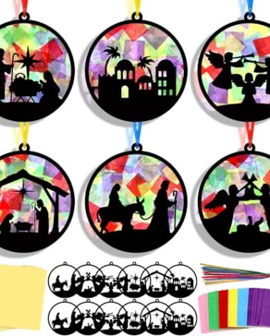 AmazingSpark 30 Pcs Christmas Nativity Ornaments Crafts Kits Bulk Christian Nativity Suncatchers Art Xmas Birth of Jesus DIY Stained Glass Effect Tissue for Religious Church Classroom Activities Party