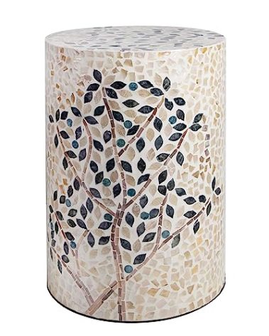PEMAR Mother of Pearl Cylinder Drum End Table Nacre Side Stool Round Accent Table Coffee Bedside Nightstand and Vanity Stool (Olive Tree)