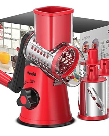 Geedel Rotary Cheese Grater, Kitchen Mandoline Vegetable Slicer with 3 Interchangeable Blades, Easy to Clean Grater for Fruit, Vegetables, Nuts