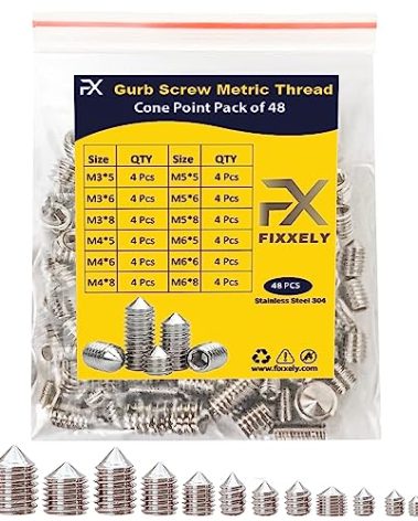 FIXXELY Cone Point Set Screws 48 Pcs (M3,M4,M5,M6) Hex Head - Metric 304 Stainless Steel Grub Screws Assorted Sizes Ideal for Home Repairs, Bathroom Fixtures and More