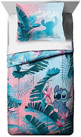 Jay Franco Disney Lilo & Stitch Floral Fun Twin Comforter & Sham Set - Super Soft Kids Reversible Bedding - Fade Resistant Microfiber (Official Disney Product)