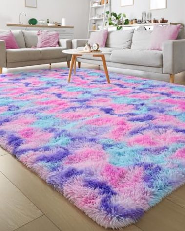 Keeko Fluffy Rainbow Area Rugs for Girls Room, 5x8 Shag Colorful Bedroom Bedside Rug Soft Cute Princess Rug Fuzzy Large Carpet for Kids Teen Girl Boy Toddler Nursery Living Room Decor Hot Pink