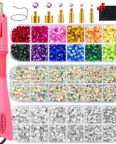 Worthofbest Hotfix Rhinestone Setter, Hot Fix Applicator Tool Bedazzler Kit with rhinestones, Kit, Hot Fixed Wand for Clothes Clothing Fabric Crafts, 5000 Pcs, AB Crystal, Clear, 3 Gems Sizes, Tips