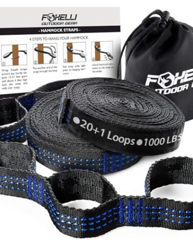 Foxelli XL Hammock Straps - Extra Long 20FT Heavy Duty No-Stretch Suspension System, 40+2 Loops, 2000 LBS Capacity, for Indoor/Outdoor Use – Set of 2 Straps & Carry Bag