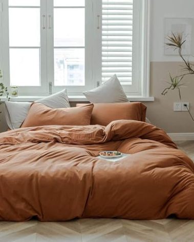 AMWAN Jersey Knit Cotton Duvet Cover Set Solid Pumpkin Color, Luxury Soft Comforter Cover Queen Size 3 Piece Bedding Set 1 Duvet Cover 2 Pillowcases Set